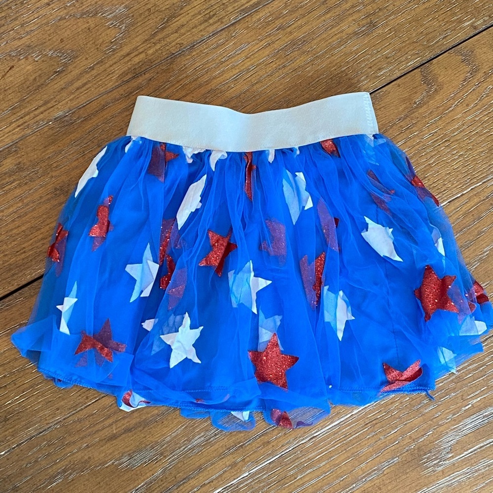 Girls 3T Blue Tulle Skirt with Red and White Stars fully lined EUC